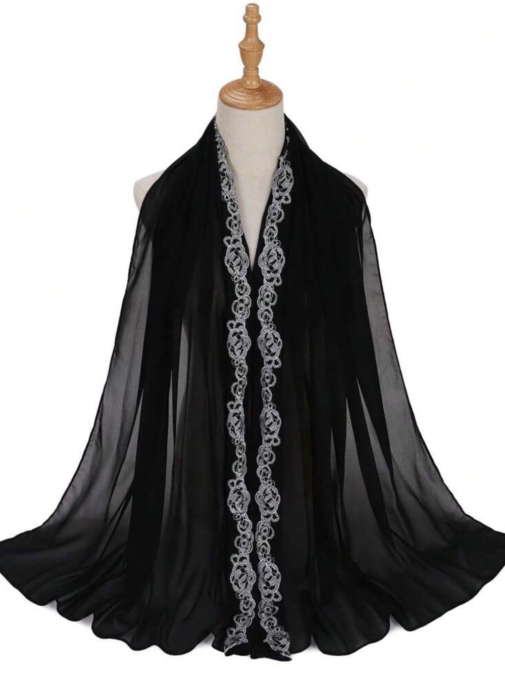 NWT Elegant Black Chiffon Scarf with Silver embroidered Floral